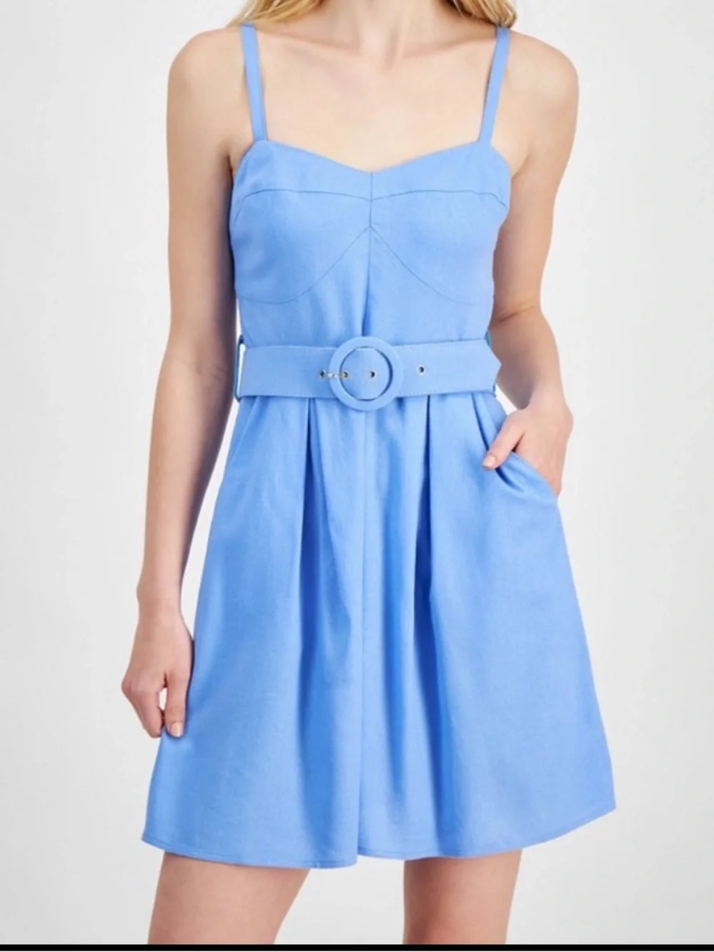 City Studio Sky Blue Fit & Flare Mini Dress Belted Pockets Summer Brunch Vacatio